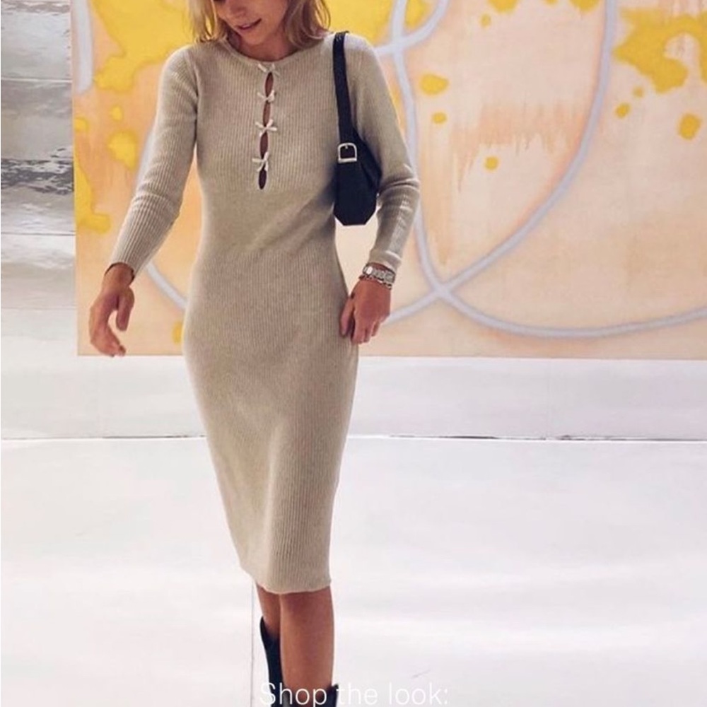 Rouje Beige Knit Dress with Keyhole Detail